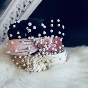 Elegant Pearl-Studded Headband Set - Black, Pink, Cream